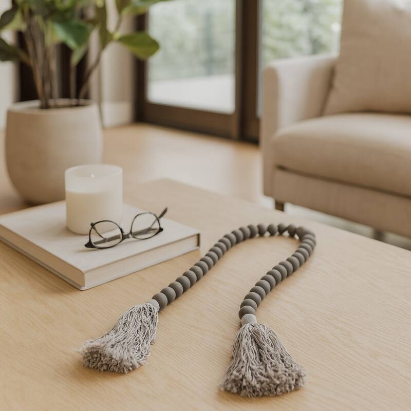 Wood Beads, Natural Finish, Bohemian Macrame Wall Decor and Home Accent for Living Rooms and Bedrooms - 45" x 1" x 1"