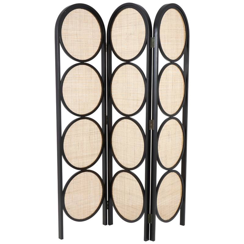 Black Wooden Handmade Arched Foldable 3 Panel Geometric Partition Room Divider Screen with Woven Circular Cutouts