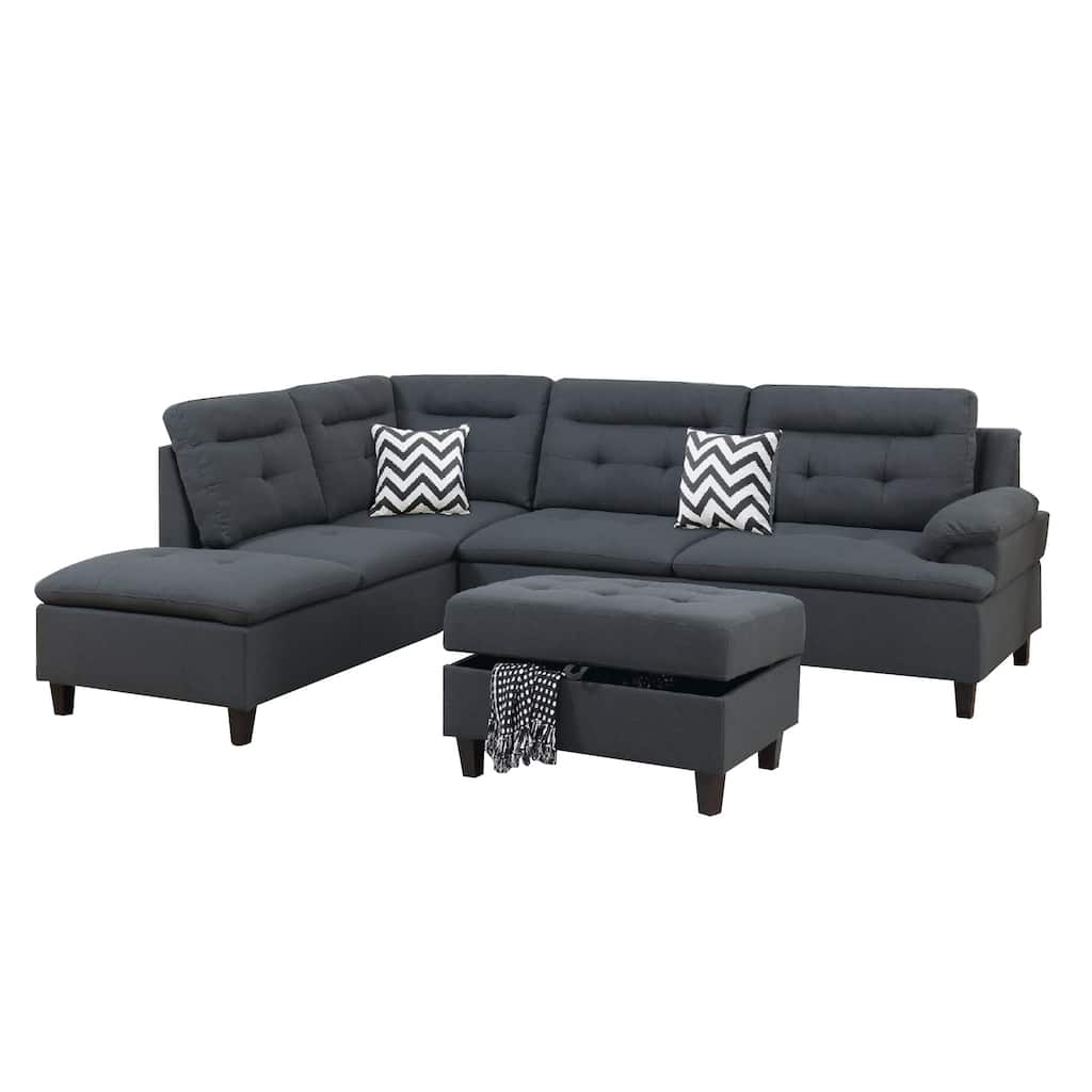 Olga 3 Piece L Shape Sectional Sofa, Ottoman, 2 Pillows, Charcoal Gray