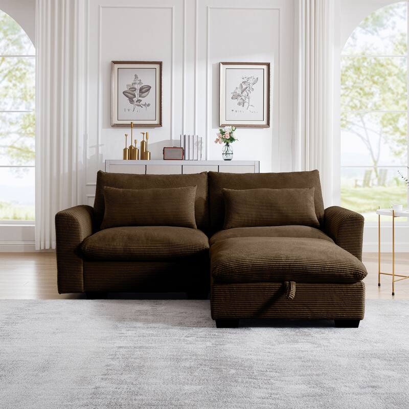 GDFStudio - Marlowe Corduroy 2 Seater Sofa with 1 Storage Ottomans and Pillows