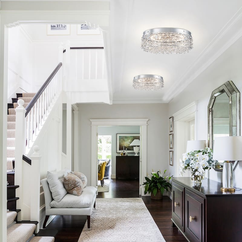 LED Flush Mount Ceiling Light with Stainless Steel Shade and Crystal - Dia.14.17-in