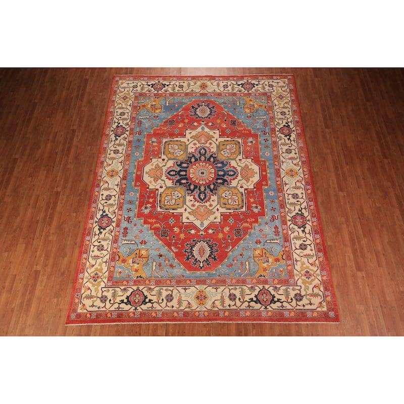 Vegetable Dye Heriz Serapi Area Rug Handmade Orange Wool Carpet - 9'2" x 11'10"