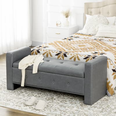 HOMCOM Rectangular Storage Ottoman Bench, Button Tufted Faux Leather Upholstered Footstool with Soft Closing Hinged Lid