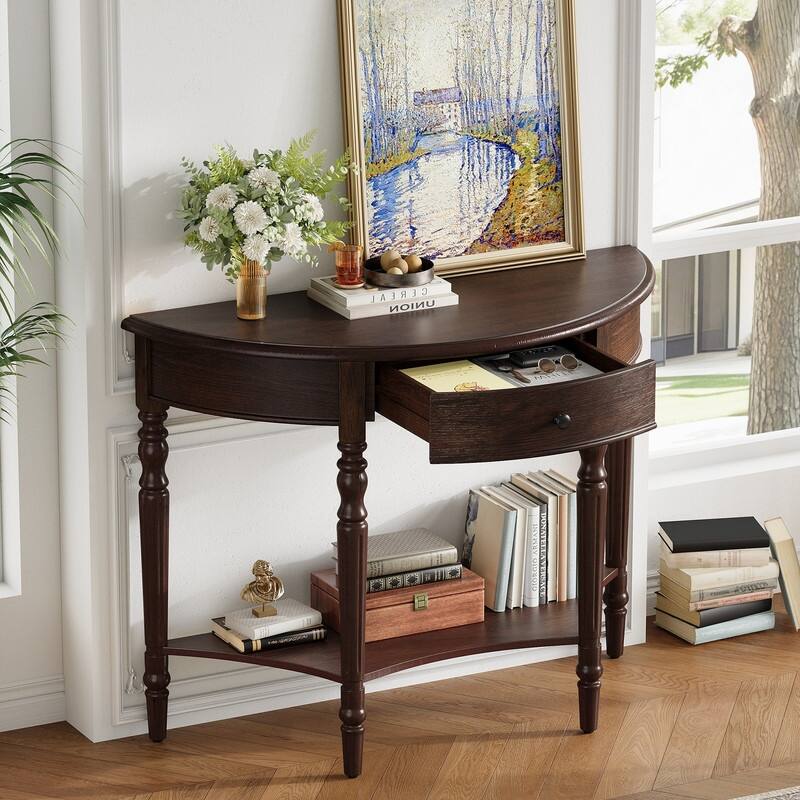 Farmhouse Half Moon Console Table with Drawer and Shelf for Entryway and Living Room Decor