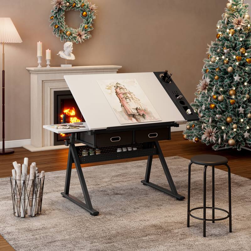 Adjustable drawing drafting table desk with 2 drawers for home office and school with stool