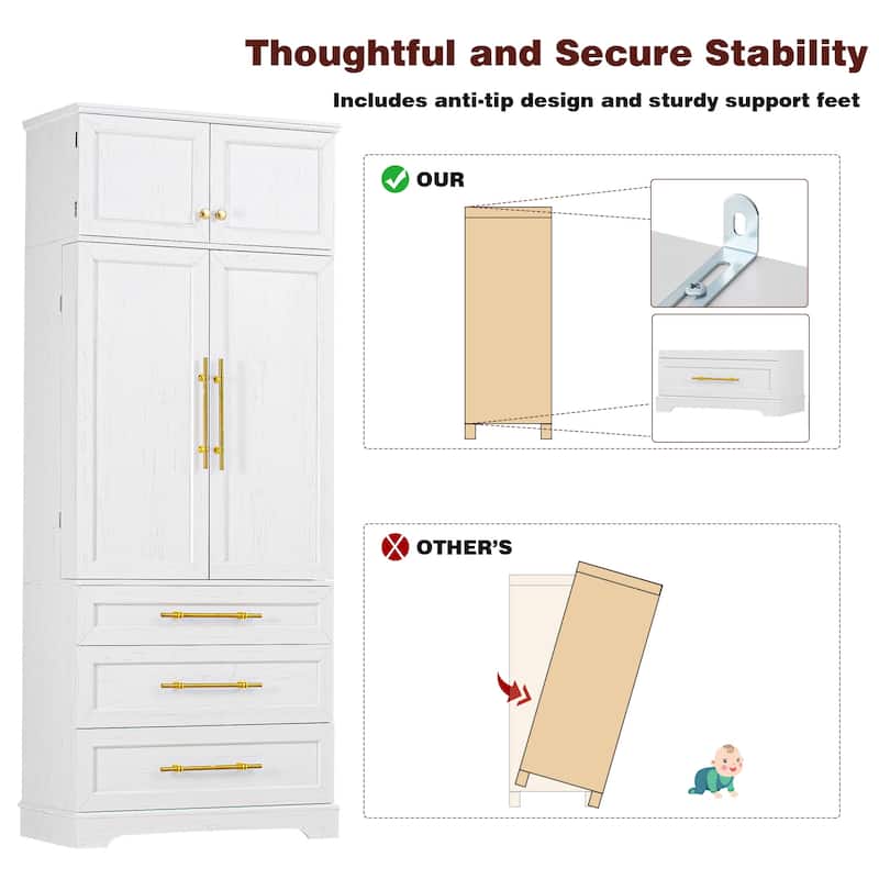 78.2" Farmhouse Kitchen Pantry Cabinet with 8 Door Shelves, 3 Adjustable Shelves and 3 Drawers for Kitchen & Dining Storage