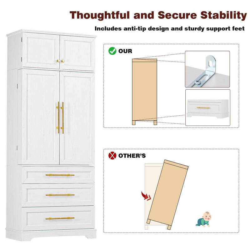 Roomfitters 78" Tall Farmhouse Kitchen Pantry Cabinet with 8 Door Shelves & 3 Large Drawers