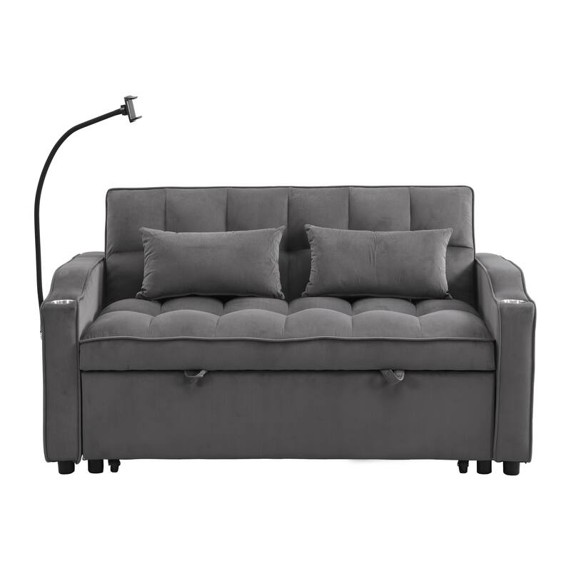 Foldable Sofa Bed with USB and Phone Holder, 2-Seat Settee with Two Pillows, Love Seat Couch with Adjustable Backrest