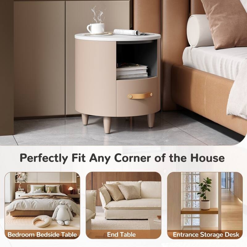 Modern Round Nightstand with Storage Drawer and Open Storage Shelf for Living Room