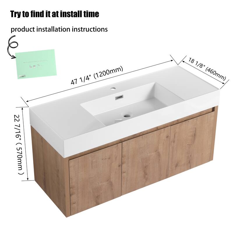48" Floating Bathroom Vanity with Sink, Wall Mounted Bathroom Vanity with Soft Close Door