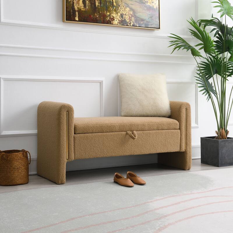 Modern Teddy Bed End Bench with Arms, Plush Upholstered Ottoman Footrest with Storage, Comfy Window Bench for Bedroom
