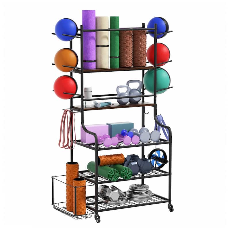 Freestanding Rolling Sports Equipment Organizer Home Gym Storage Rack with Wheels