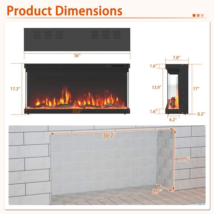 Black 3-Sided Electric Fireplace with Remote and Panoramic Tempered Glass Flames 5000 BTU Heater