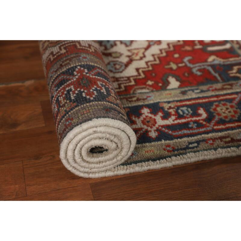 Ivory Geometric Heriz Serapi Oriental Accent Rug Handmade Wool Carpet - 3'0" X 4'11"