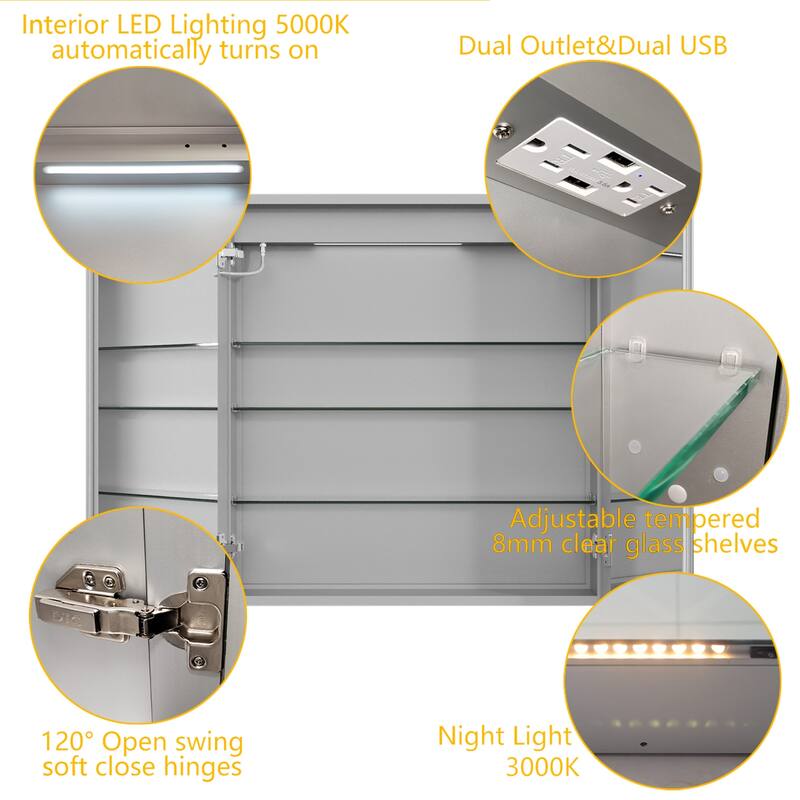 LED Bathroom Medicine Cabinet with Mirror and Defogger - 30*32