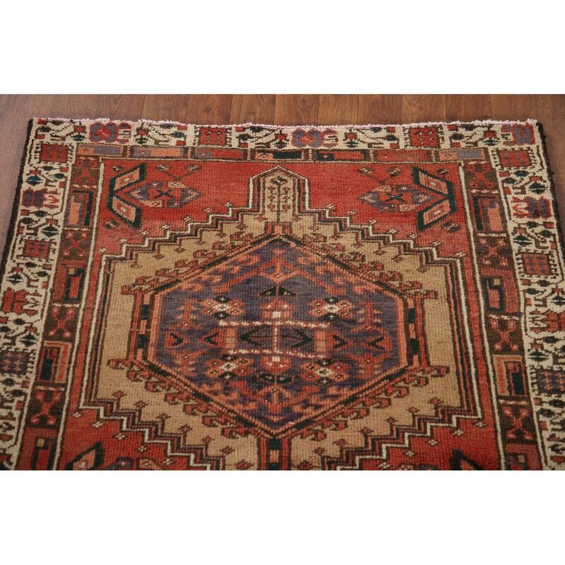 Orange Ardebil Persian Vintage Runner Rug Handmade Tribal Wool Carpet - 3'2"x 10'3"