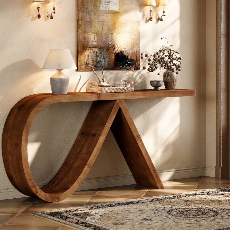 57" Solid Wood Console Table for Living Room, Farmhouse Couch Table Behind Sofa - 57.08" L x 11.81" W x 31.5" H - Walnut Brwon