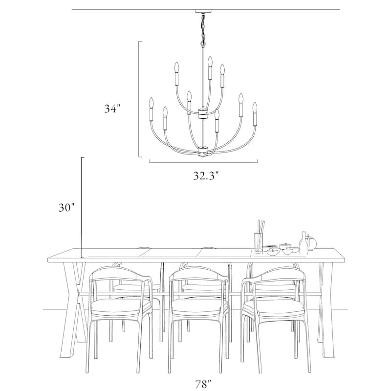 Oriea Modern Farmhouse 9-Light Black Chandelier Classic Candle Lights for Living Dining Room - D 32.3" x H 34"