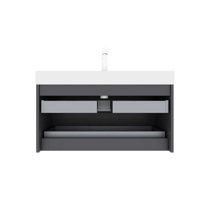 Plywood Wall-Mounted Bathroom Vanity Set in Grey with Integrated Acrylic Sink