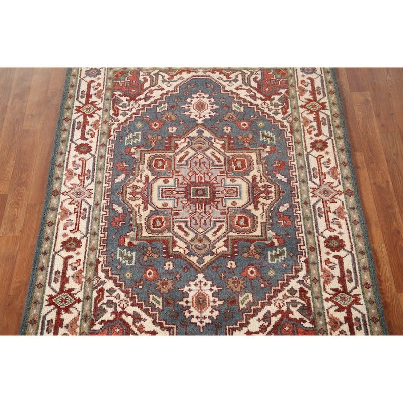 Geometric Blue Heriz-Serapi Oriental Accent Rug Handmade Wool Carpet - 4'1"x 6'0"