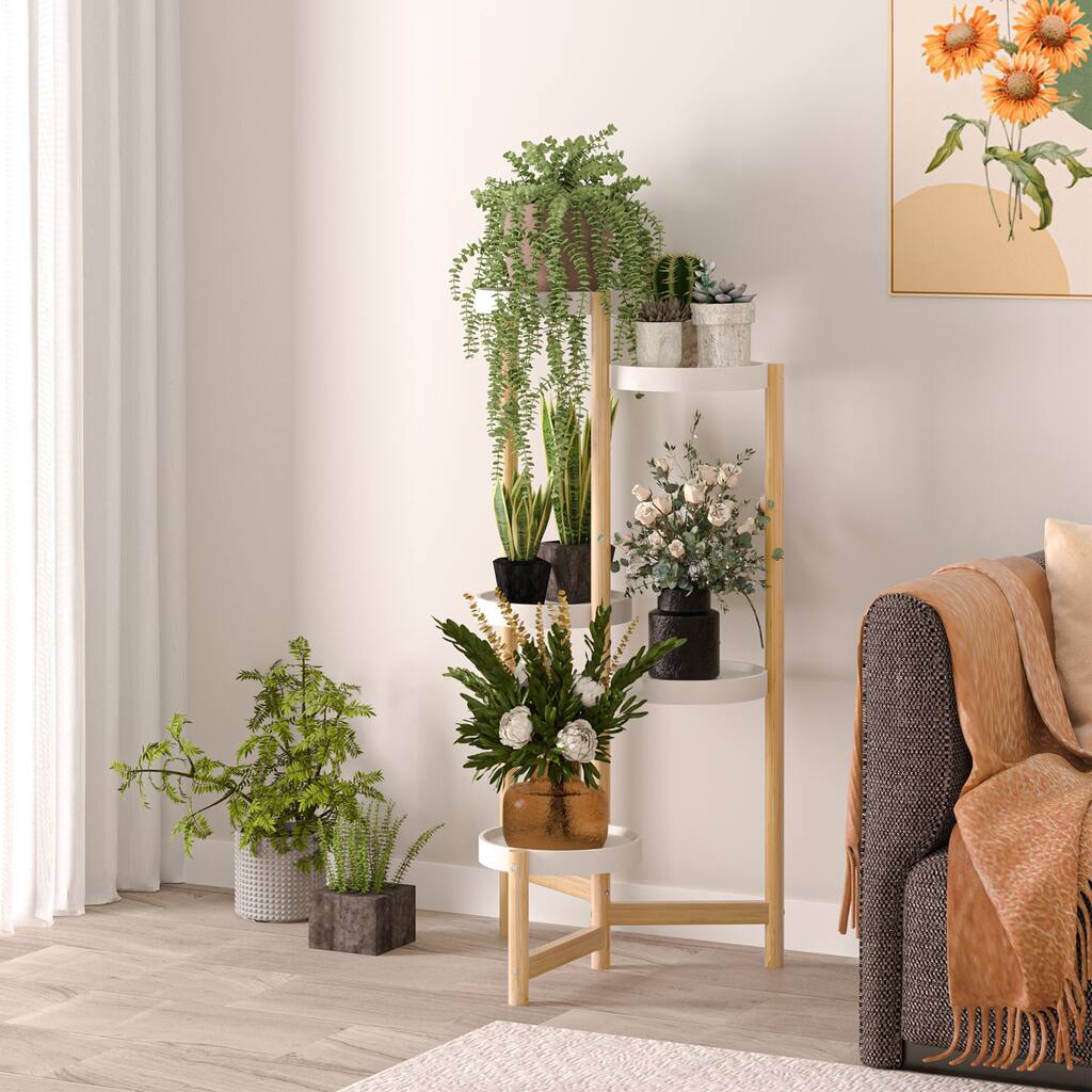 5-Tier Bamboo Plant Stand Flower Succulents Potted with Round Potted