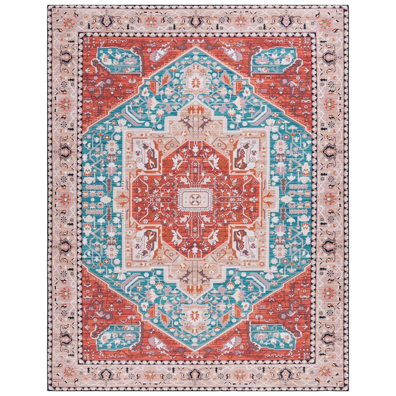 SAFAVIEH Tucson Machine Washable Slip Resistant Einhildur Oriental Medallion - 9' x 12' - Aqua/Rust - Rectangle
