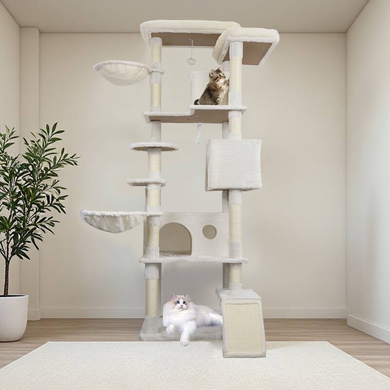 84 in Beige cat tree tower with large condo sisal scratching post big hammock and top platform