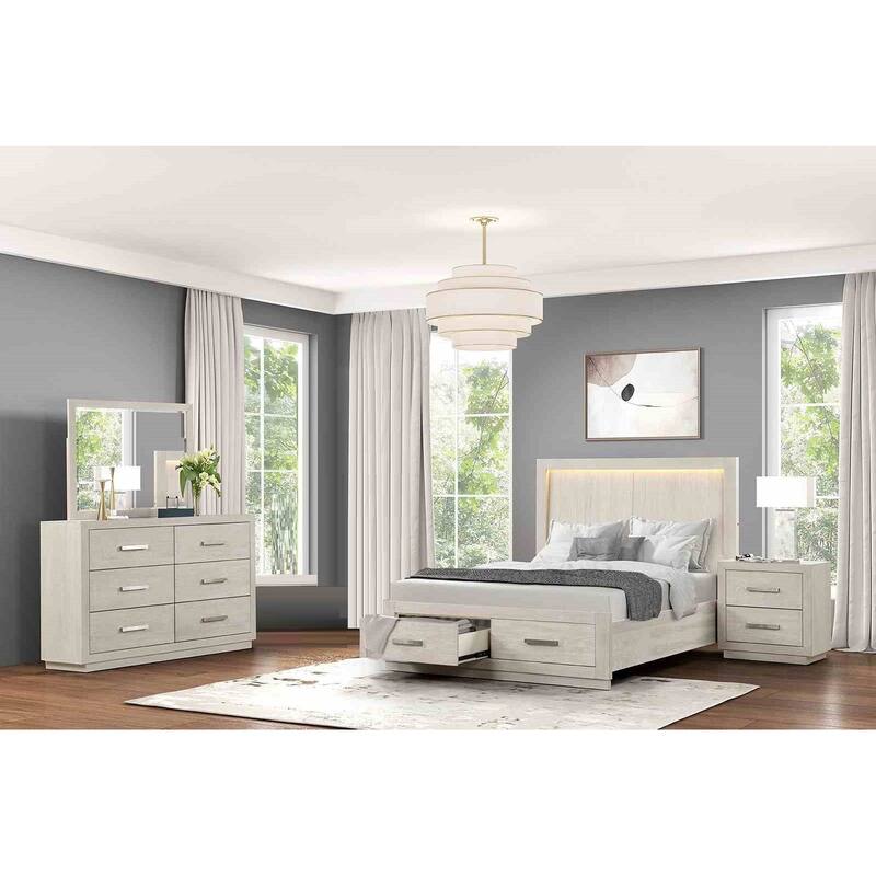 Light Gray Finish Transitional 4 Pc Bedroom Set LED Bed Nightstand Dresser Mirror