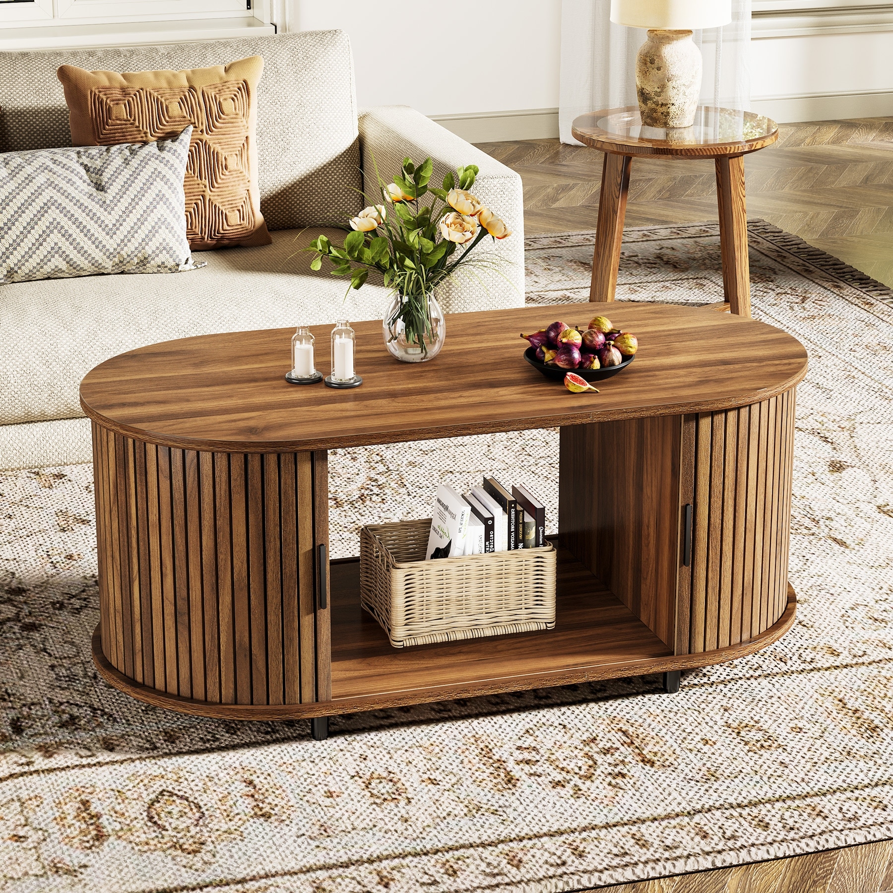 Farmhouse Coffee Table with Storage Shelf and Sliding Cabinet Door
