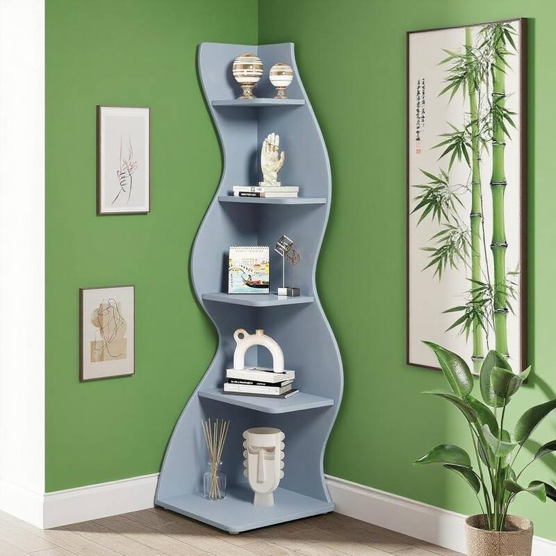 Modern 5-Tier Corner Shelf Unit with Adjustable Shelves for Living Room Office or Bedroom - 19.68” x 18.89” x 69.88”