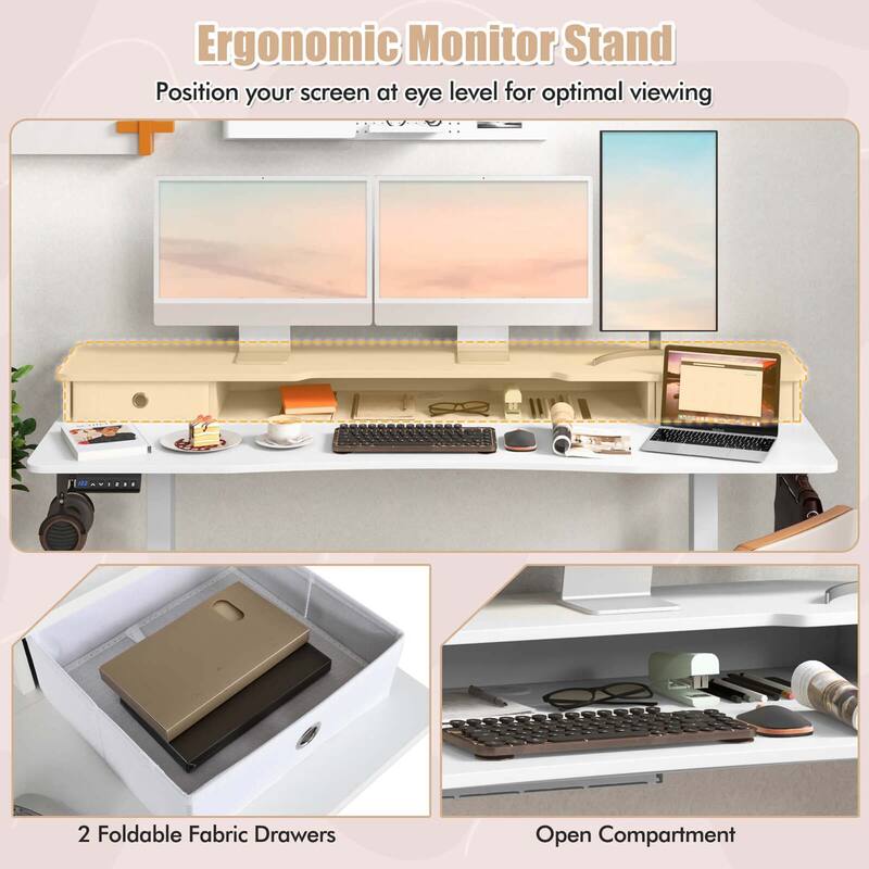 Costway 63" x 24" Electric Standing Desk with 2 Drawers Monitor Stand - See Details