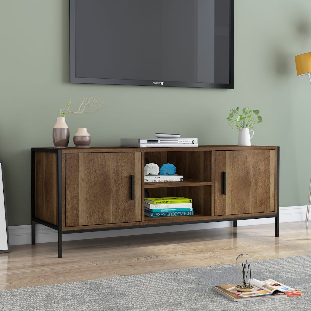 Modern Design TV stand, Easy Assembly, Minimalist Style Entertainment Center with 2 Storage Cabinets and Open Shelves