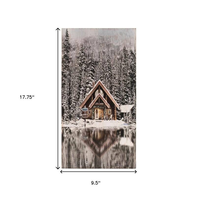 HomeRoots 18" X 10" Brown And White Wood Winter Lodge On The Lake Hanging Wall Decor