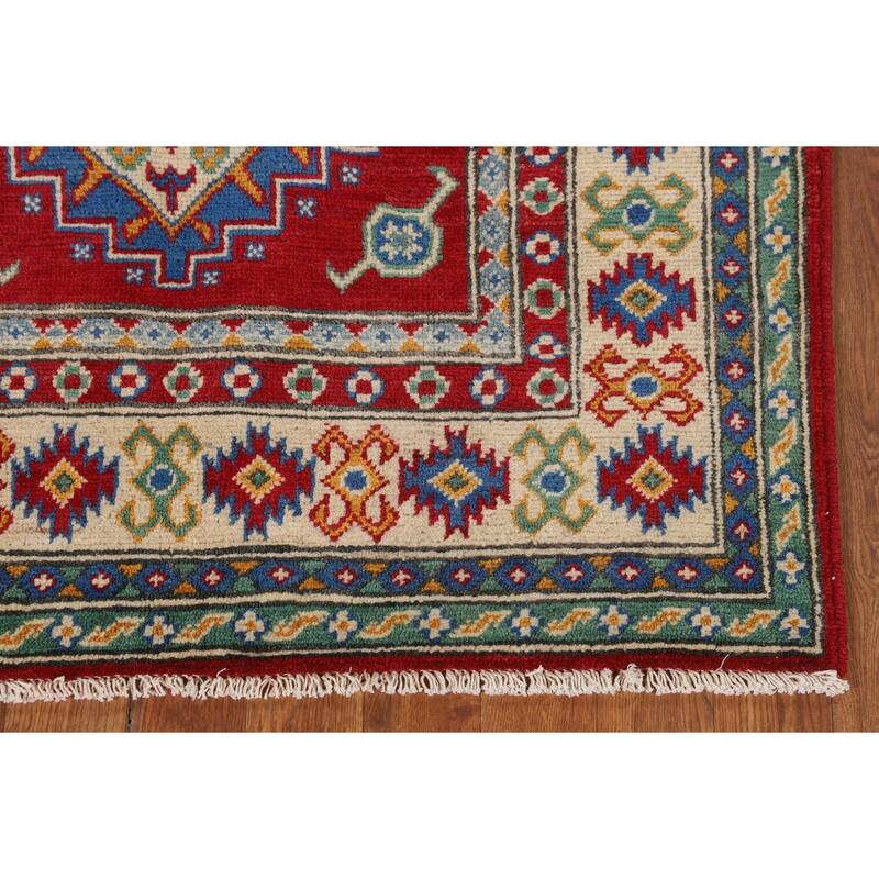 Red Geometric Kazak Oriental Foyer Rug Hand-Knotted Wool Carpet - 3'4" x 5'0"