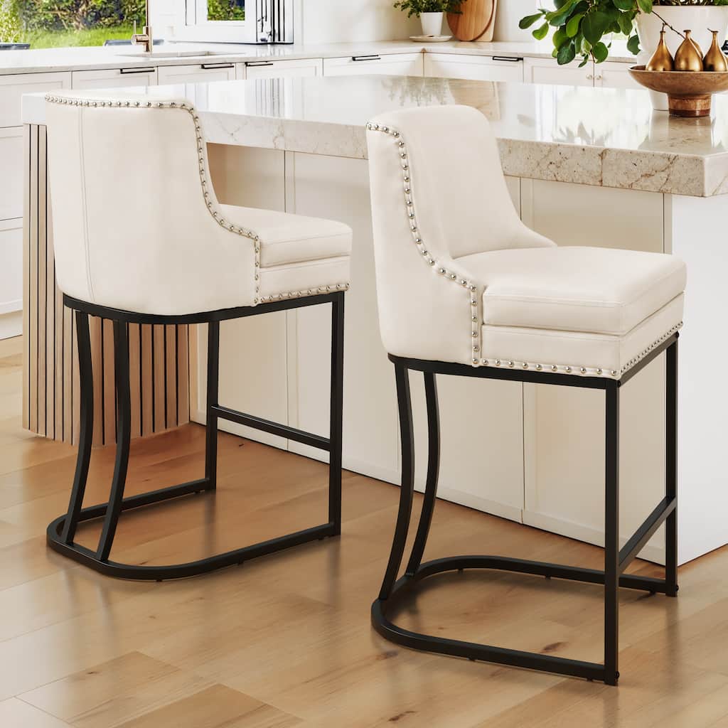 26" Modern Metal Barstools Set of 2 Upholstered Counter Height Bar stools with Back and 6" Thick Cushion for Kitchen Island