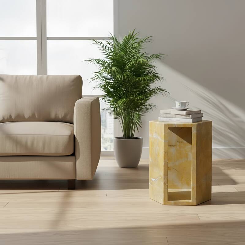Roomfitters Luxury Natural Marble Hexagon Side Table, Solid Stone Geometric Pedestal End Table, Polished Finish