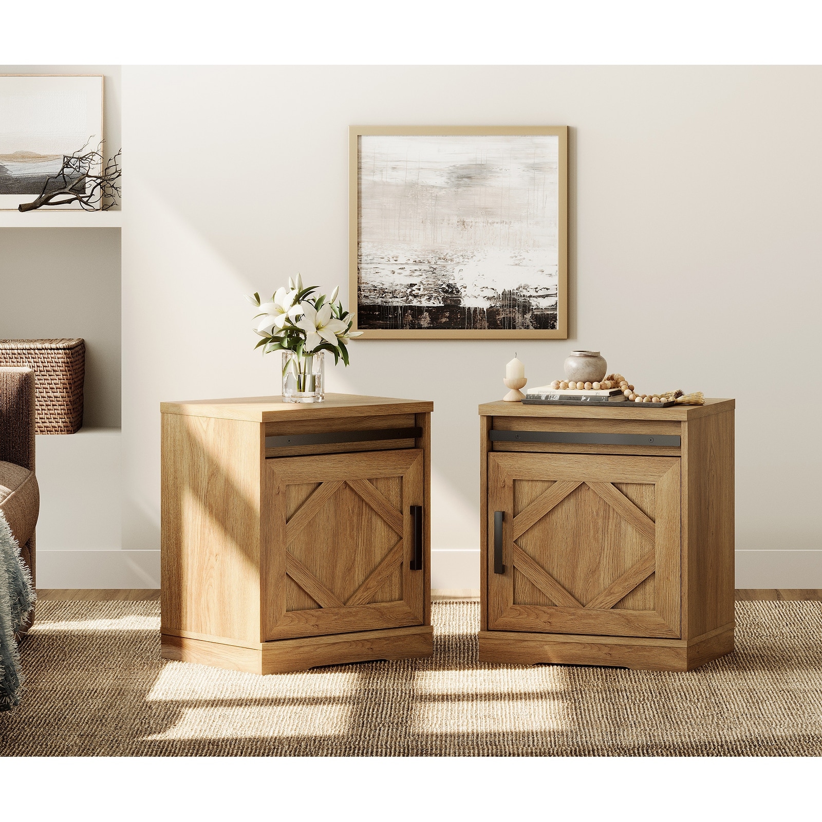 WAMPAT Farmhouse Nightstand with Drawer and Cabinet for Bed Room