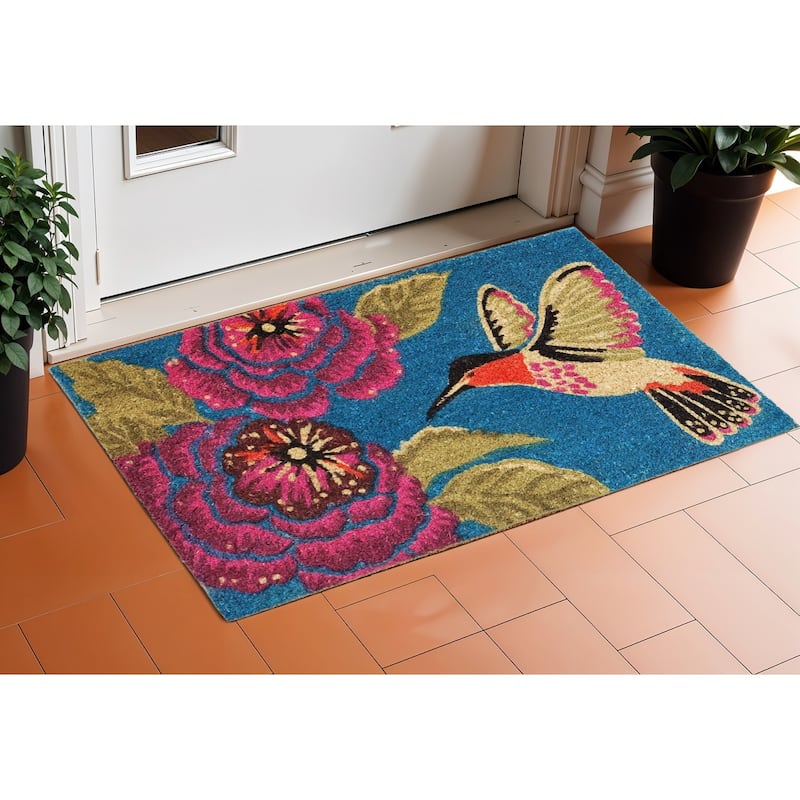 HomeRoots 17" X 29" Blue Pink And Green Hummingbird Outdoor Coir Door Mat - 17' X '29 - 17' X '29