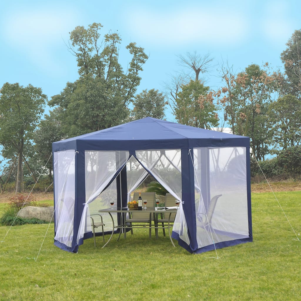Outsunny 13x13FT Hexagon Gazebo Party Tent with Mesh Screen for Garden Backyard, Blue