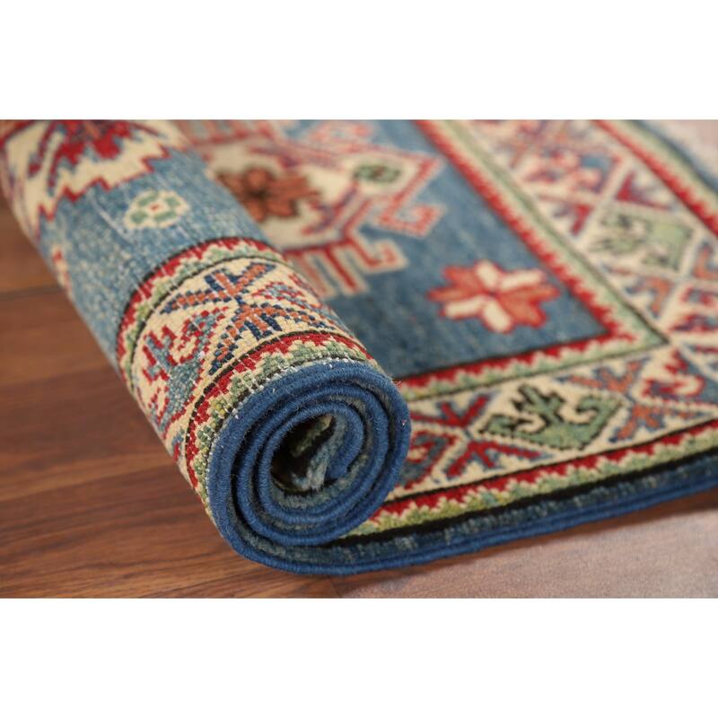 Hand Knotted Oriental 100% Wool Carpet Traditional Geometric Navy Blue & Blues Kazak Area Rug - 3' 3'' X 1' 11''