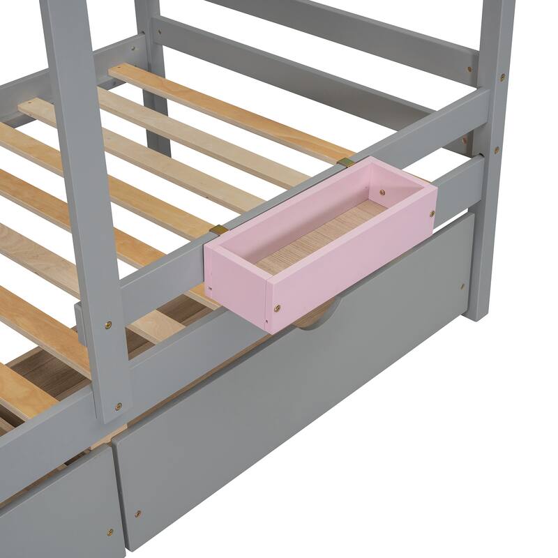 Twin over Twin Size Solid Wood Bunk Bed with 2 Drawers, 1 Storage Box, 1 Shelf, Window and Roof