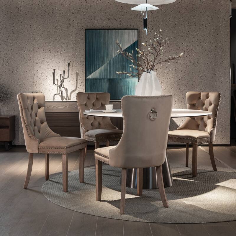 Modern Set of 2 Velvet Tufted Dining Chair with Wood Legs and Nailhead Trim - Khaki