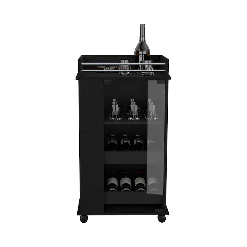 Bar Cart with Glass Door, 2-Side Shelves and Casters
