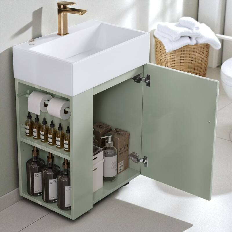 20" Wall Mounted Bathroom Vanity with Ceramic Sink, Diamond Door Design, Side Shelves and Towel Bar