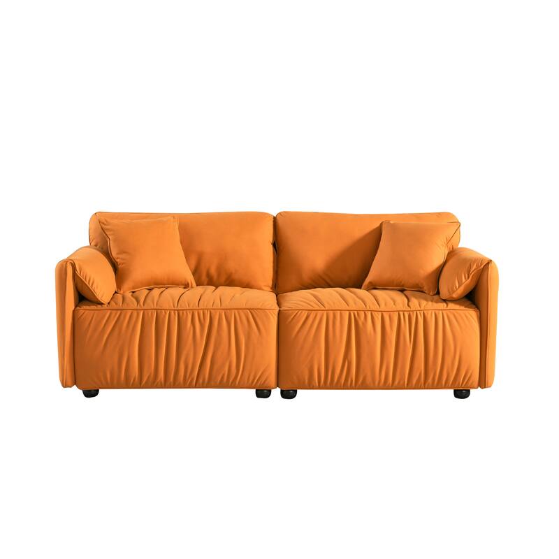 Living Room Orange Wrinkled Fabric Sofa Deep Seat Loveseat with Pillow