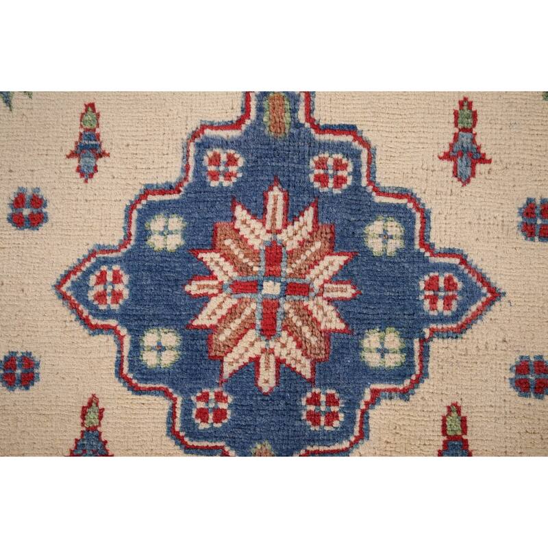Ivory Geometric Kazak Accent Rug Handmade Wool Carpet - 3'4" x 4'10"