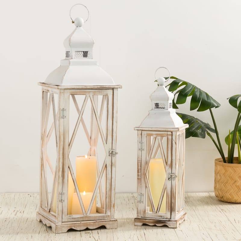 Glitzhome 2-Piece Oversize Farmhouse Wood/ Metal Candle Holders Outdoor Hanging Lanterns - White