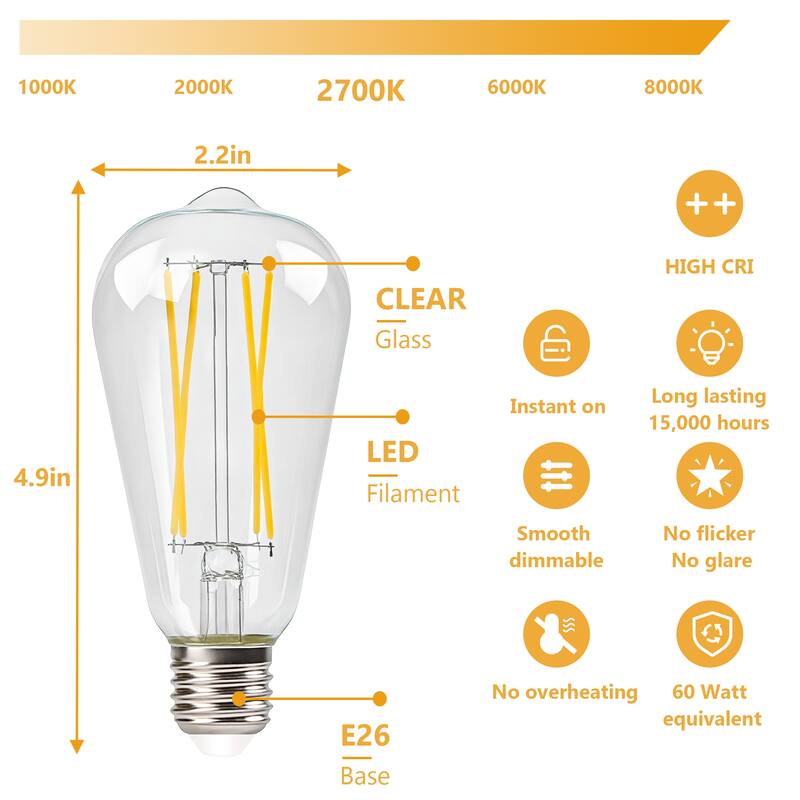 18-Pack Vintage LED Edison Bulbs, ST64 Dimmable Filament Light Bulbs, E26 Base, 2700K Warm White, Clear Glass - white