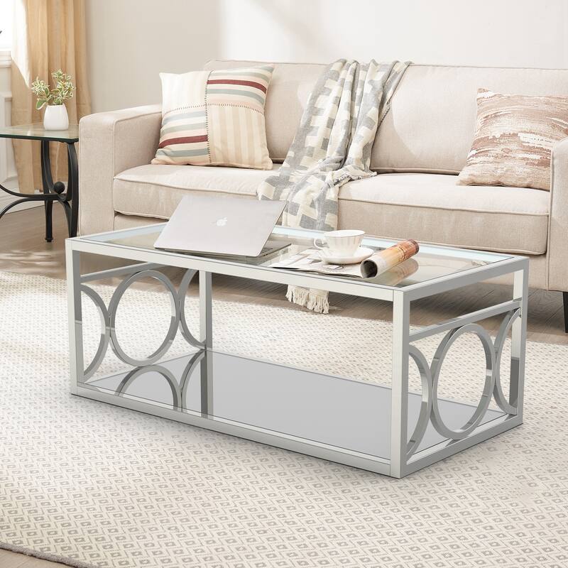 47.3" Contemporary Chrome Metal Tempered Glass Top Coffee Table