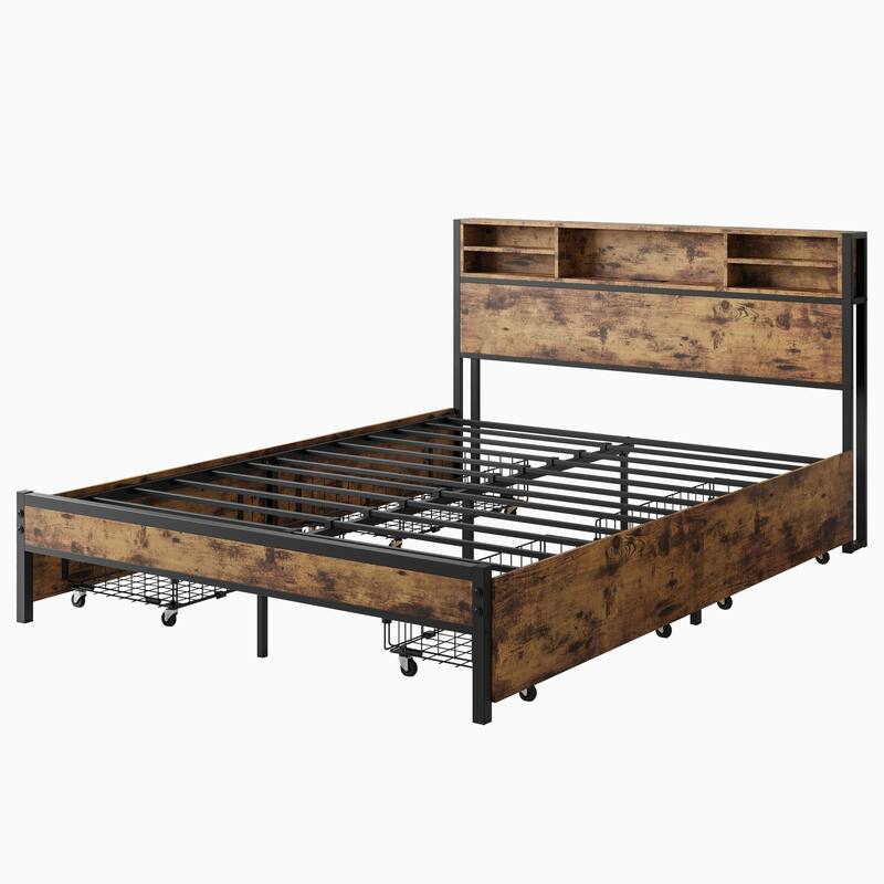 Black Queen Bed with Storage Headboard & 4 Drawers
